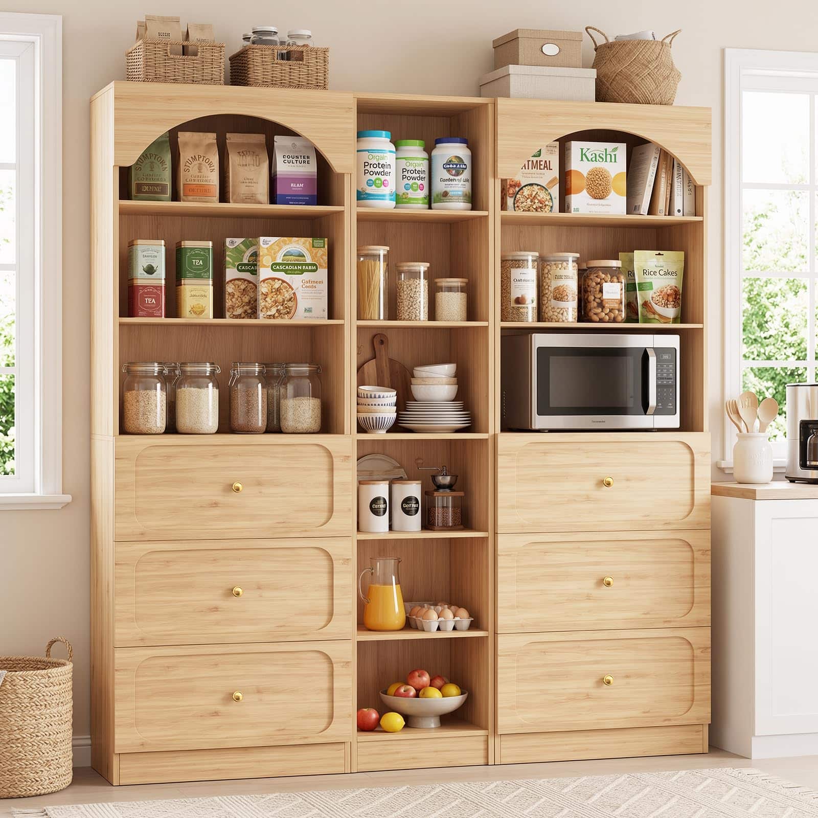 Aheaplus - 80" Modular 3-Piece Pantry System with Drawers & Shelves,Ships in 3 packages - Natural