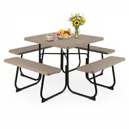 Costway - 8-person Square Picnic Table Bench Set with 4 Benches & Umbrella Hole for Garden - Brown
