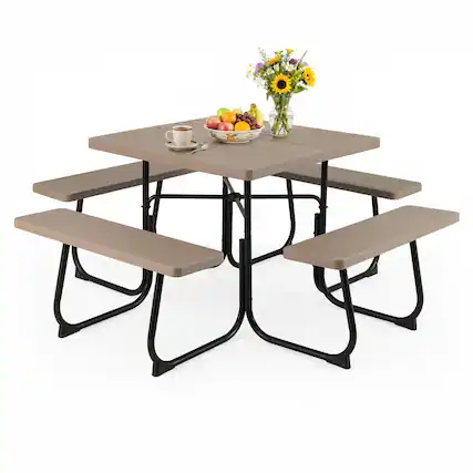 Front. Costway - Costway 8-person Square Picnic Table Bench Set with 4 Benches & Umbrella Hole for Garden - Brown.