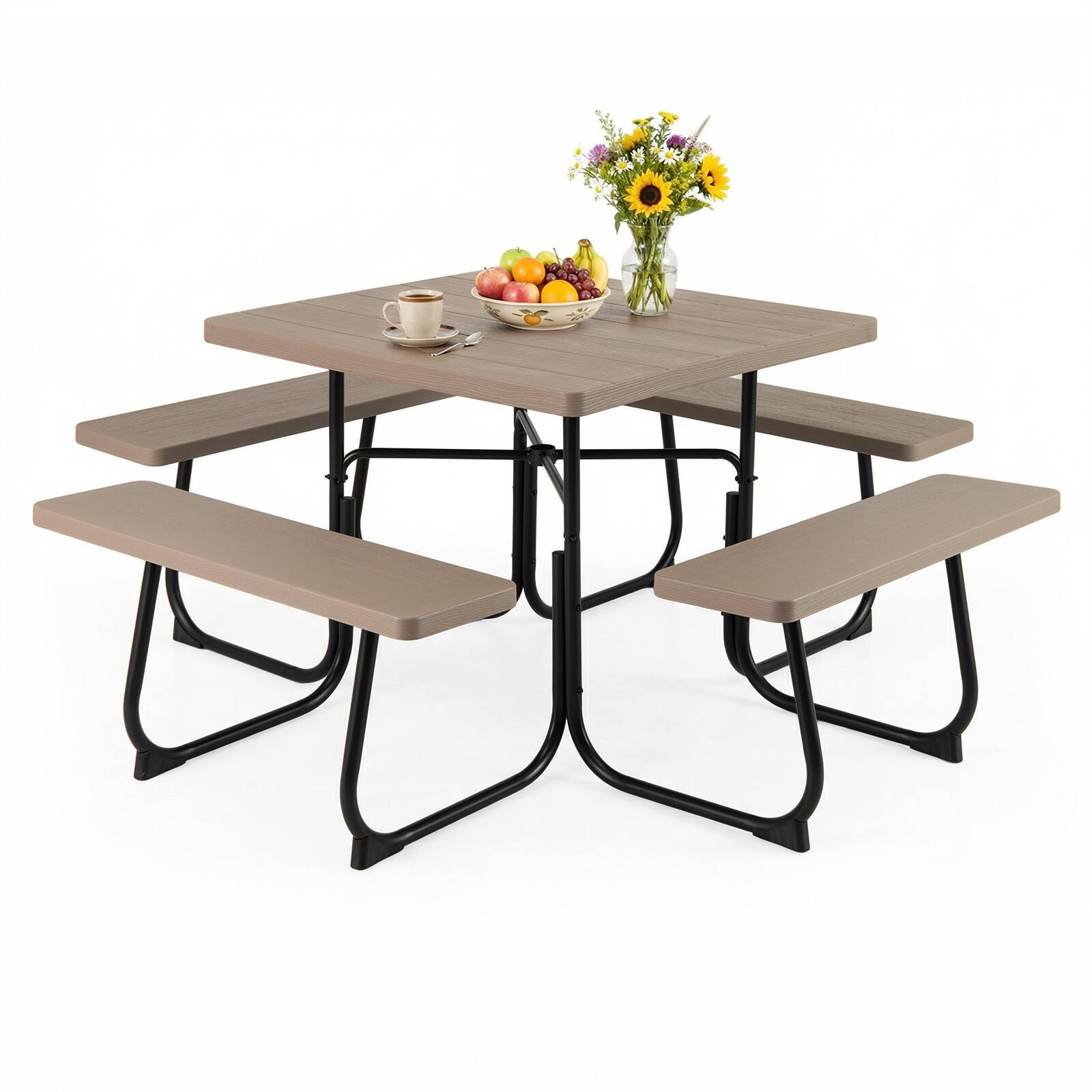 Front. Costway - Costway 8-person Square Picnic Table Bench Set with 4 Benches & Umbrella Hole for Garden - Brown.