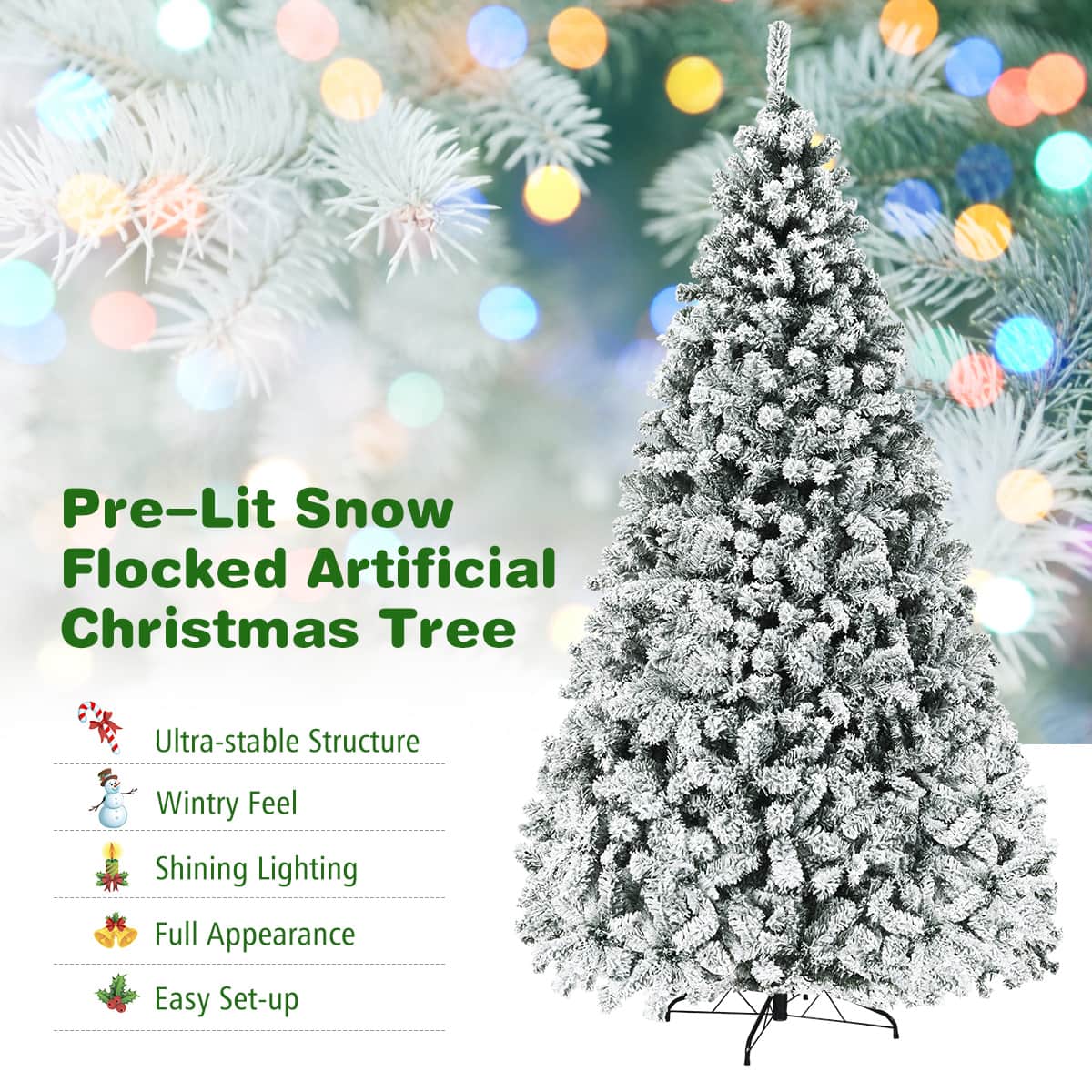 Pre-Lit Snow Flocked Artificial Christmas Tree, Ultra-stable Structure, Wintry Feel, Shining Lighting, Full Appearance, Easy Set-up.