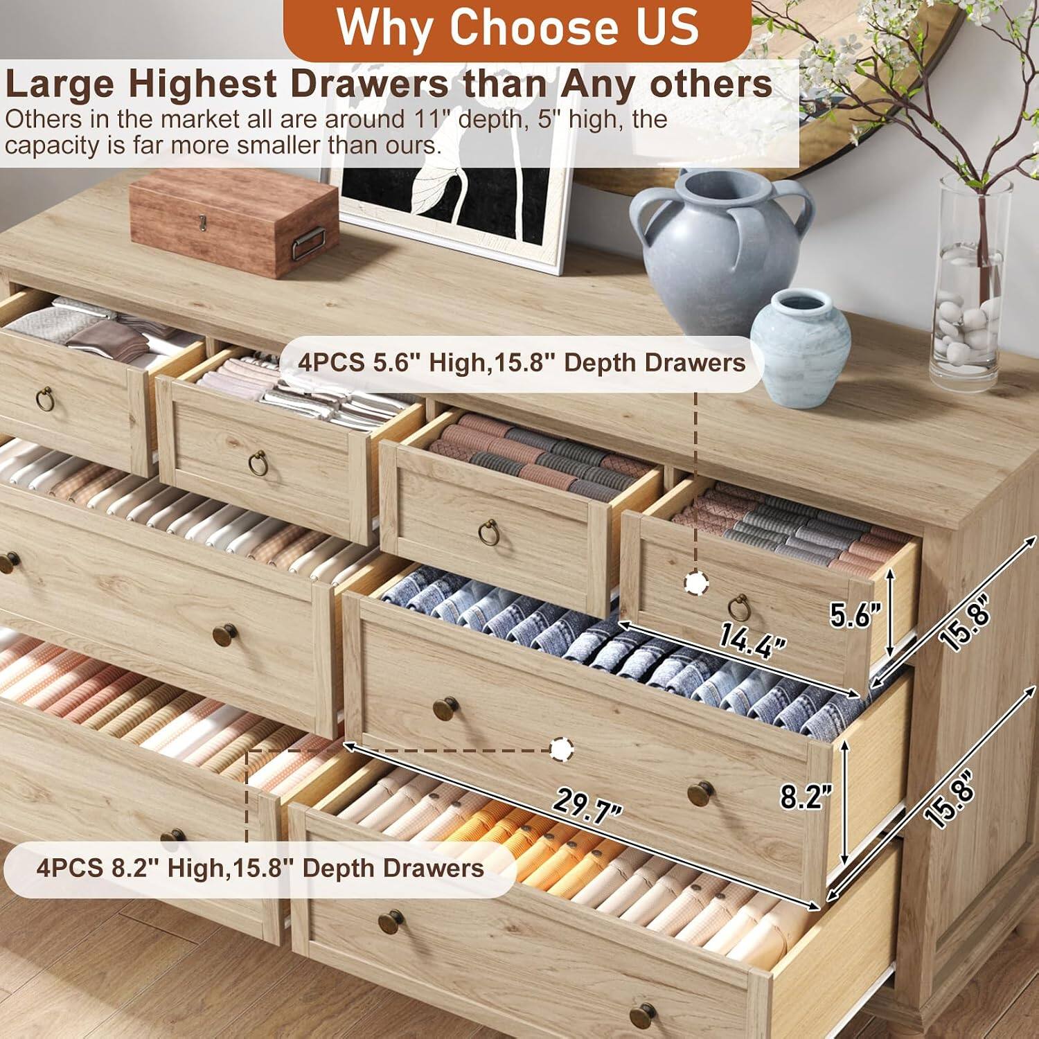 Why Choose US

Large Highest Drawers than Any others

Others in the market all are around 11" depth, 5" high, the capacity is far more smaller than ours.

4PCS 5.6" High, 15.8" Depth Drawers

4PCS 8.2" High, 15.8" Depth Drawers