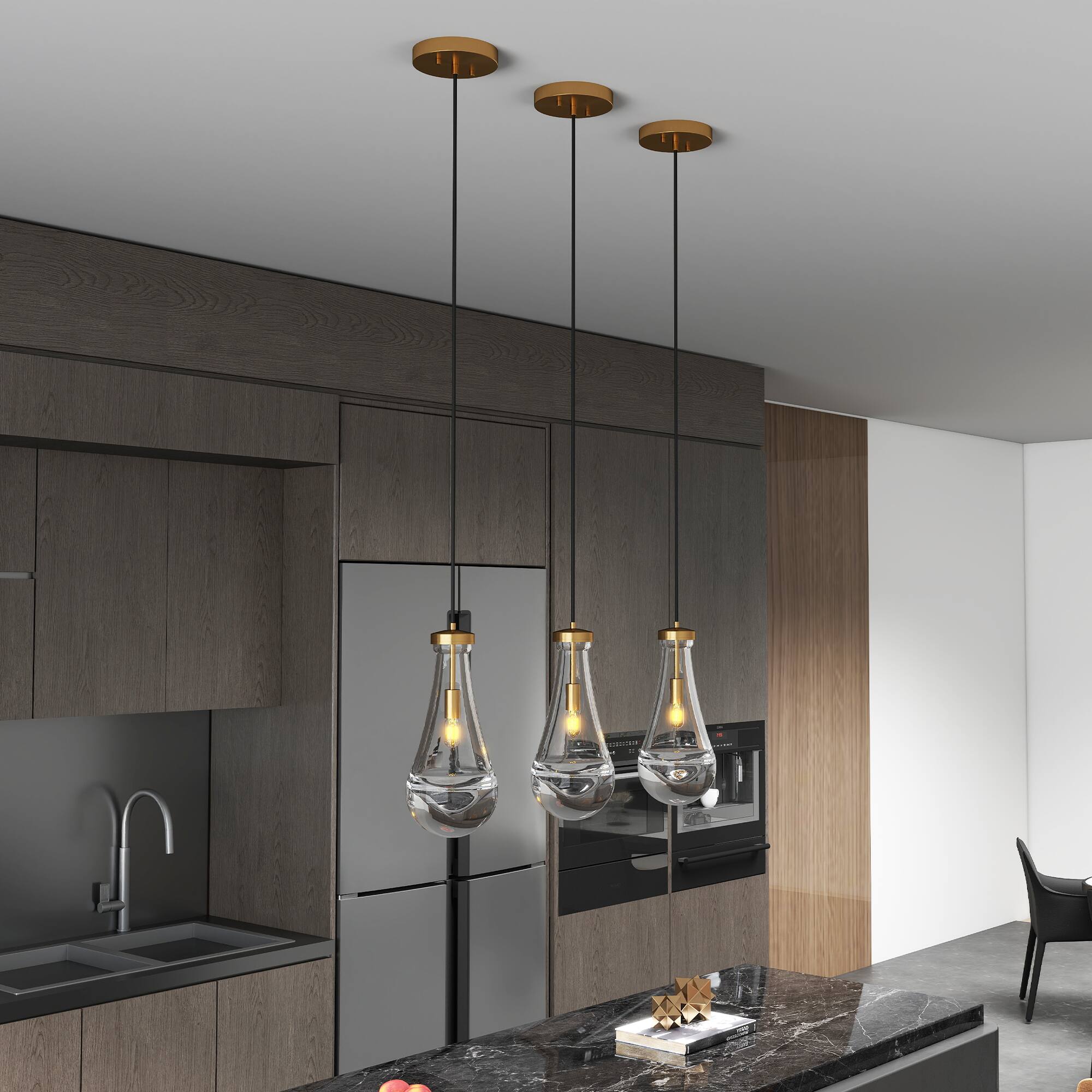 Back. TinyHomie - Modern Raindrop Pendant Lights for Kitchen Island Brass Rod Dining Room Fixture.