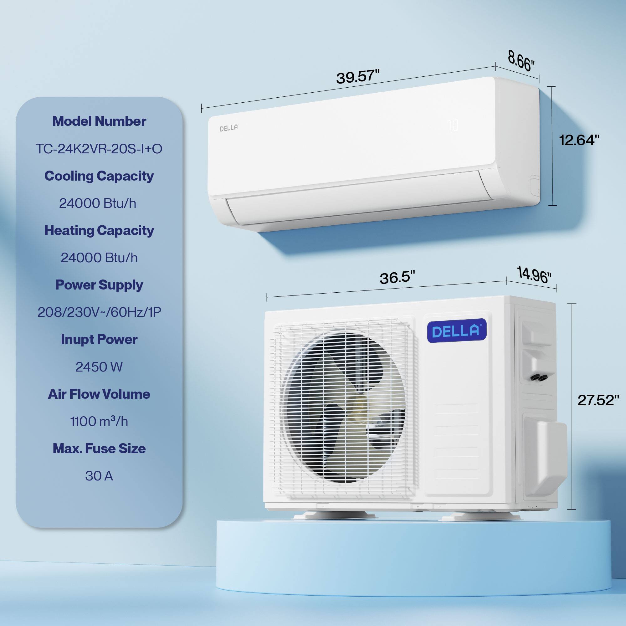 Model Number: TC-24K2VR-20S-I+O  
DELLA  

Cooling Capacity: 24000 Btu/h  
Heating Capacity: 24000 Btu/h  

Power Supply: 208/230V/60Hz/1P  
Input Power: 2450 W  

Air Flow Volume: 1100 m³/h  
Max. Fuse Size: 30 A  

Dimensions:  
- 39.57" (width)  
- 8.66" (height)  
- 12.64" (depth)  
- 36.5" (width)  
- 14.96" (height)  
- 27.52" (depth)