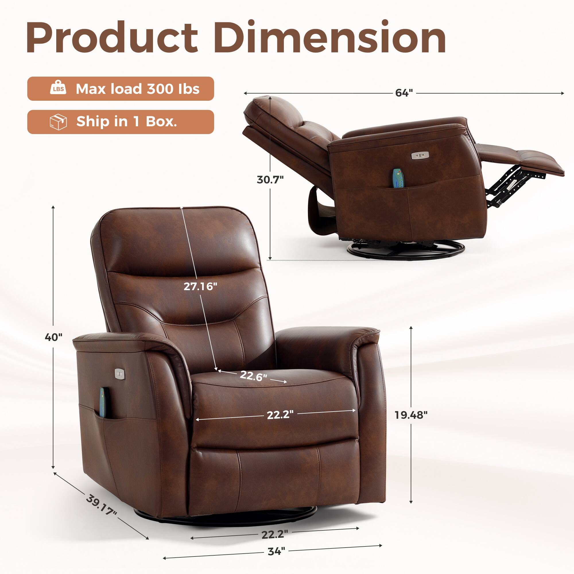 Product Dimension  
LRS  
Max load 300 lbs  
Ship in 1 Box.  

30.7"  
27.16"  
40"  
22.6"  
22.2"  
19.48"  
39.17"  
22.2"  
34"