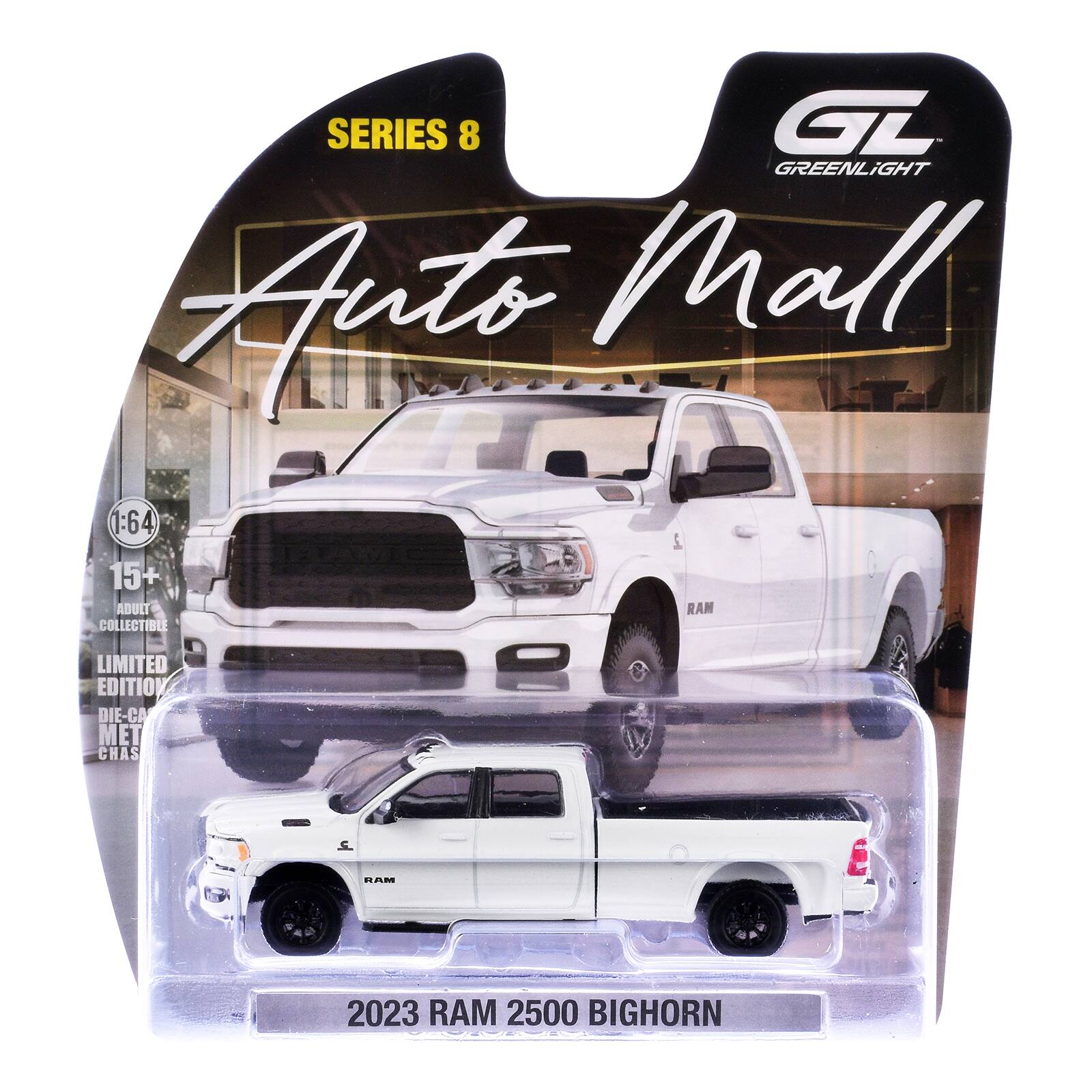 SERIES 8  
GL GREENLiGHT Auto Mall  
1:64  
15+ ADULT COLLECTIBLE  
LIMITED EDITION DIE-CAST METAL  
RAM  
2023 RAM 2500 BIGHORN