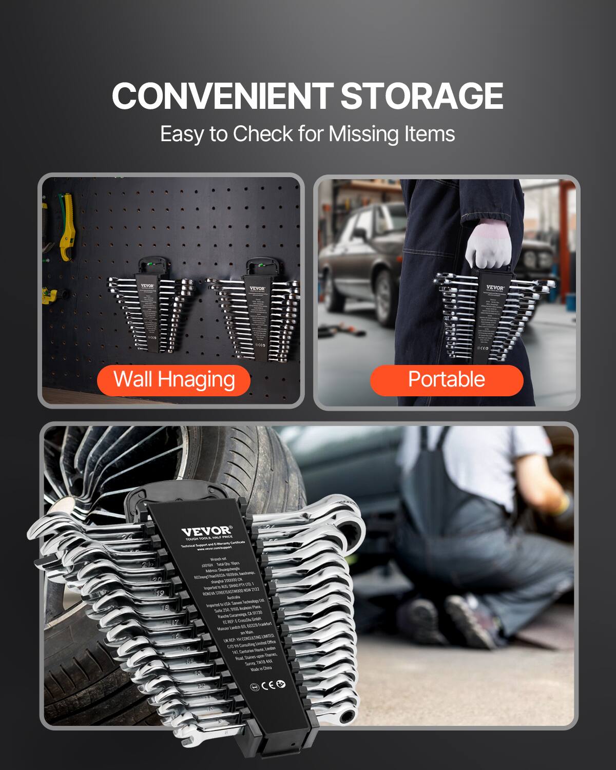 CONVENIENT STORAGE  
Easy to Check for Missing Items  

Wall Hnaging  
Portable  

VEVOR  
TOOL BOX  
Easy to Check for Missing Items  

CE