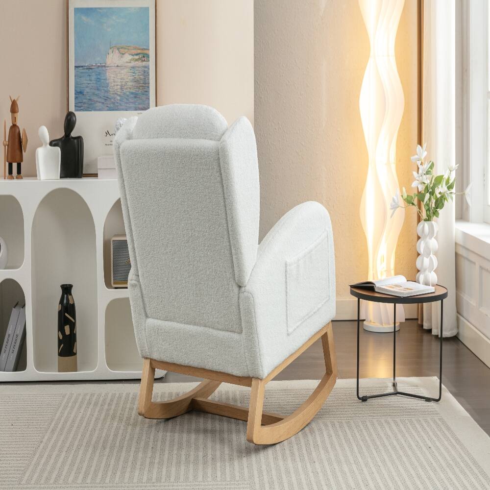 Alt View 4. Loheer - Loheer Teddy Fabric Rocking Chair Ivory Ergonomic Wooden Legs - Ivory.