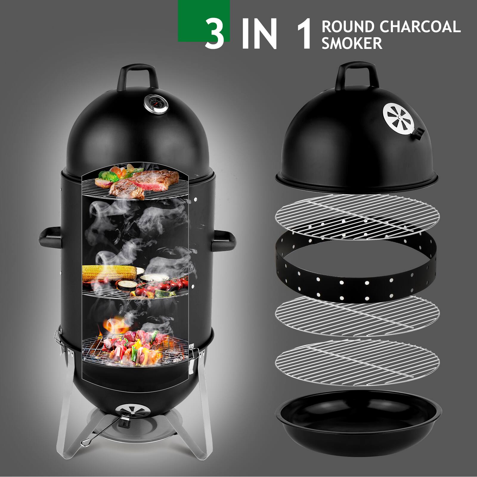 3 IN 1 ROUND CHARCOAL SMOKER