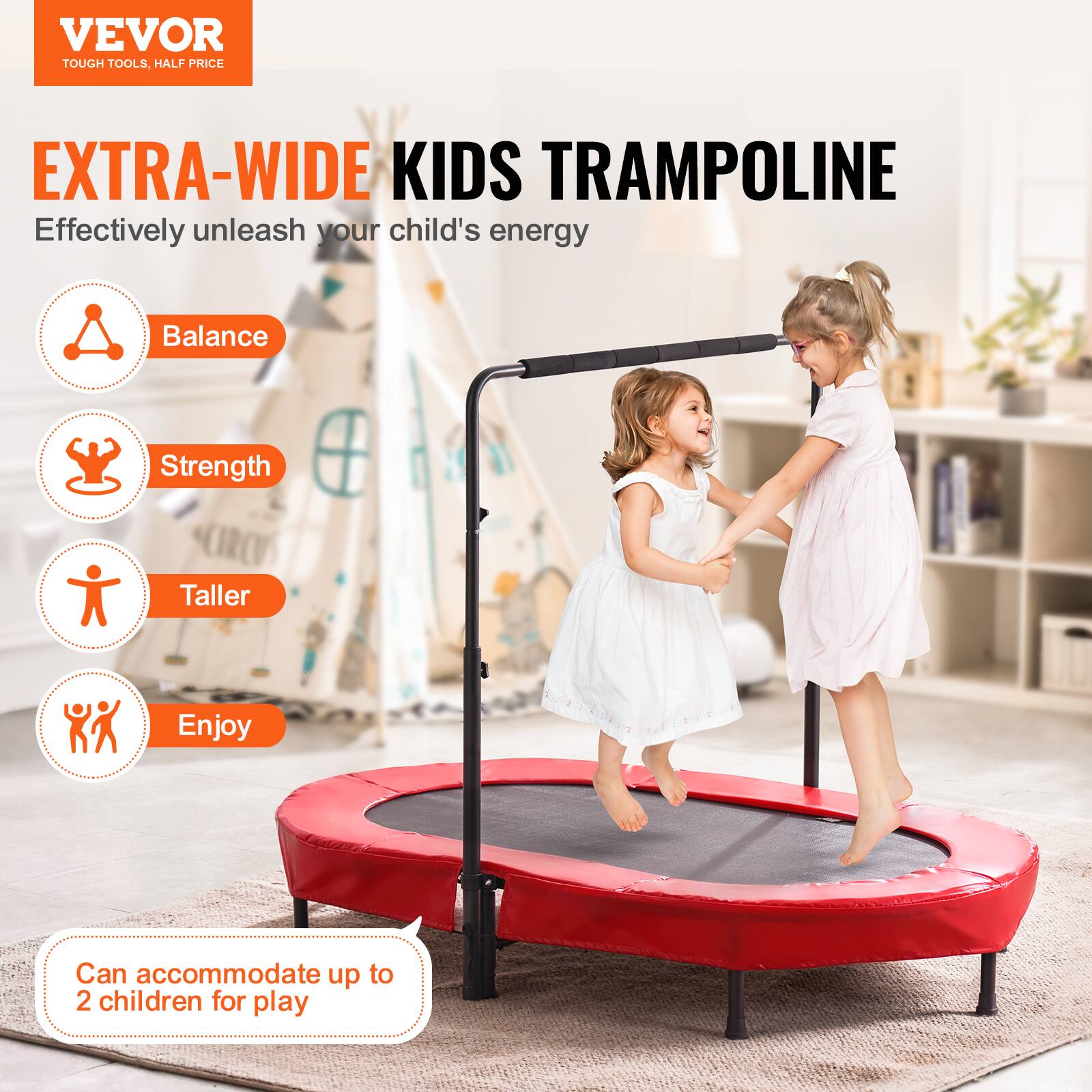 VEVOR TOUGH TOOLS, HALF PRICE EXTRA-WIDE KIDS TRAMPOLINE: Effectively unleash your child's energy. Balance, Strength, Taller, Enjoy. Can accommodate up to 2 children for play.