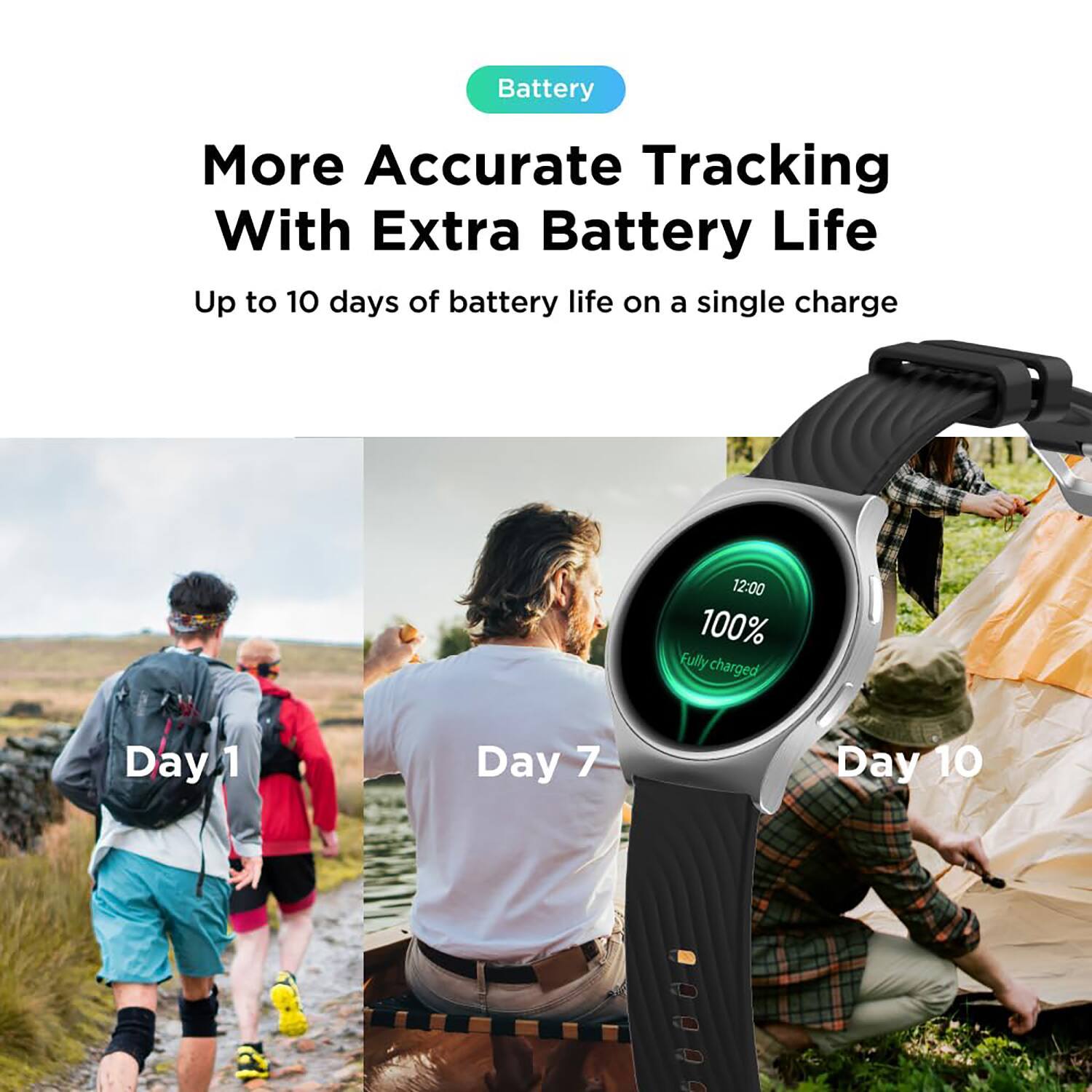 Battery  
More Accurate Tracking With Extra Battery Life  
Up to 10 days of battery life on a single charge  

12:00  
100%  
Fully charged  

Day 1  
Day 7  
Day 10