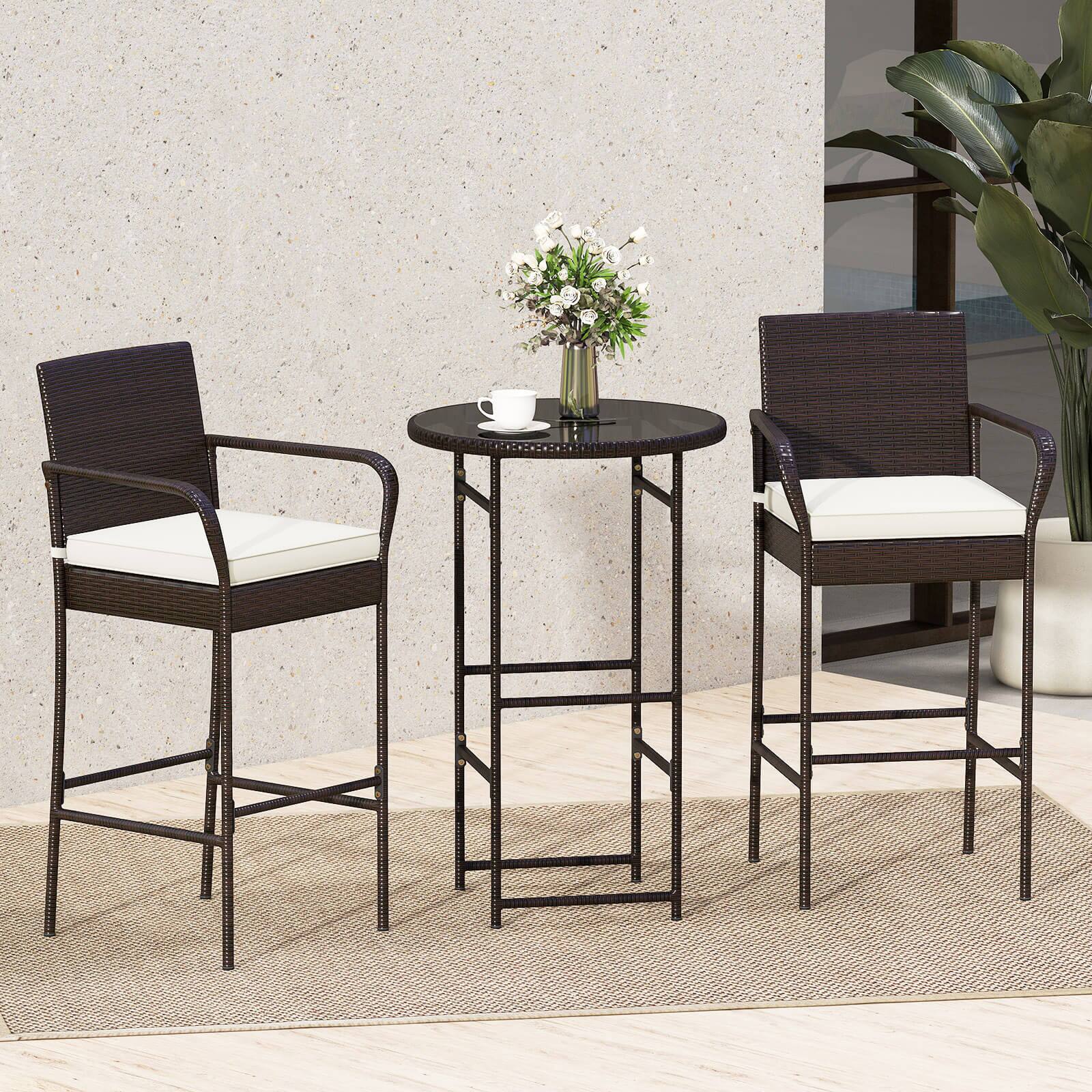 Alt View 1. Costway - Costway 3 Piece Outdoor Bar Set Heavy-Duty Metal Barstool & Table Set with  Glass Tabletop - Mix Brown,Off White.