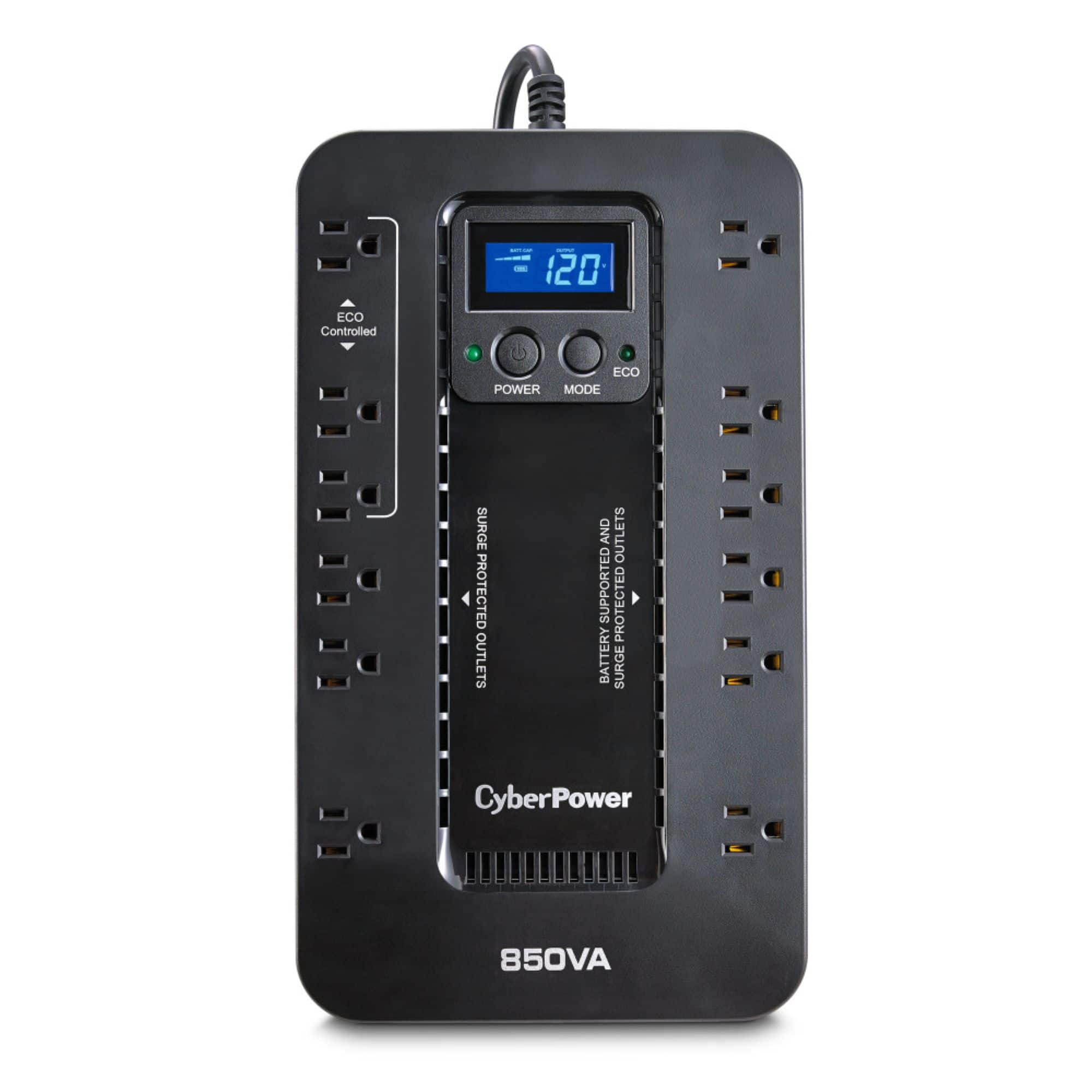 20 ECO Controlled ECO POWER MODE SURGE PROTECTED OUTLETS AND OUTLETS SUPPORTED PROTECTED BATTERY BA CyberPower 850VA