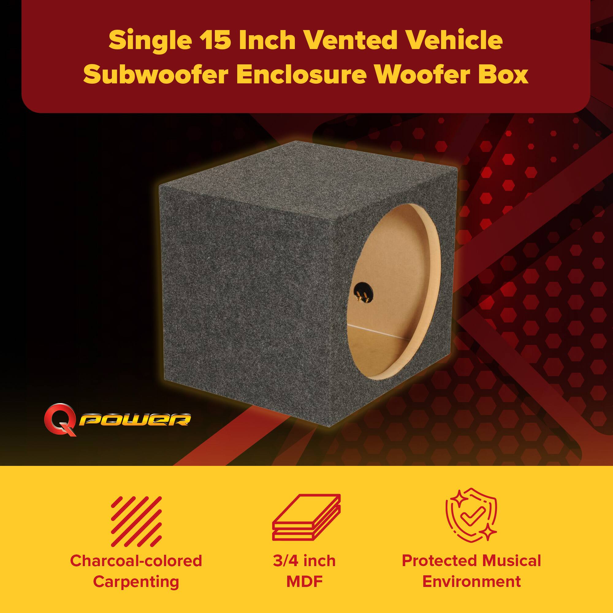 Single 15 Inch Vented Vehicle Subwoofer Enclosure Woofer Box

- Charcoal-colored Carpentry
- 3/4 inch MDF
- Protected Musical Environment