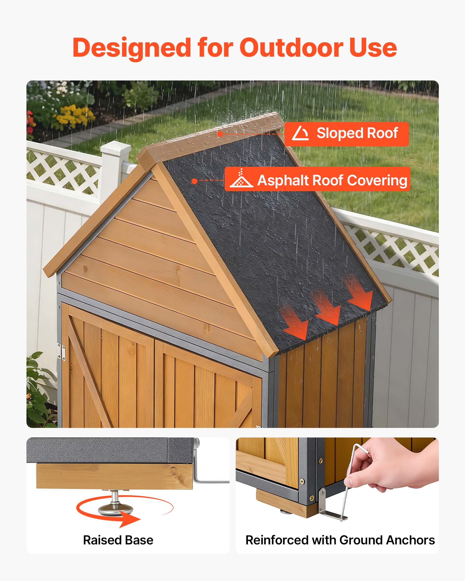 Designed for Outdoor Use  
Sloped Roof  
Asphalt Roof Covering  
Raised Base  
Reinforced with Ground Anchors