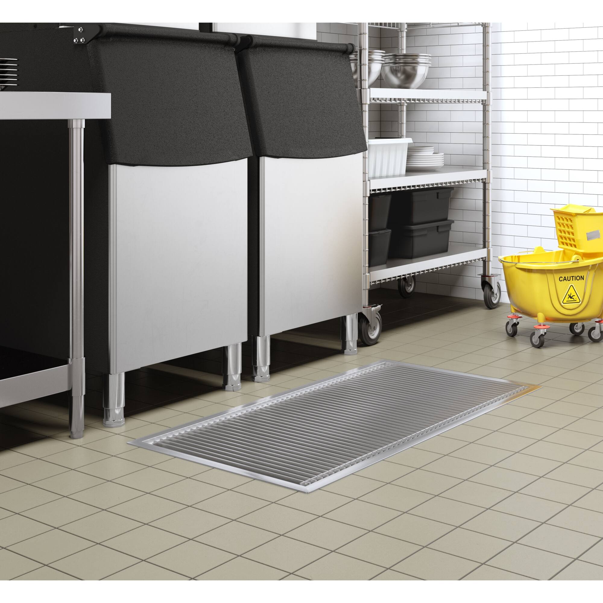 Left. Koolmore - 24" x 84" Stainless Steel Floor Trough Drain, 14-Gauge with Subway-Style Grating & Removable Drain Basket, NSF Listed - Stainless-Steel.