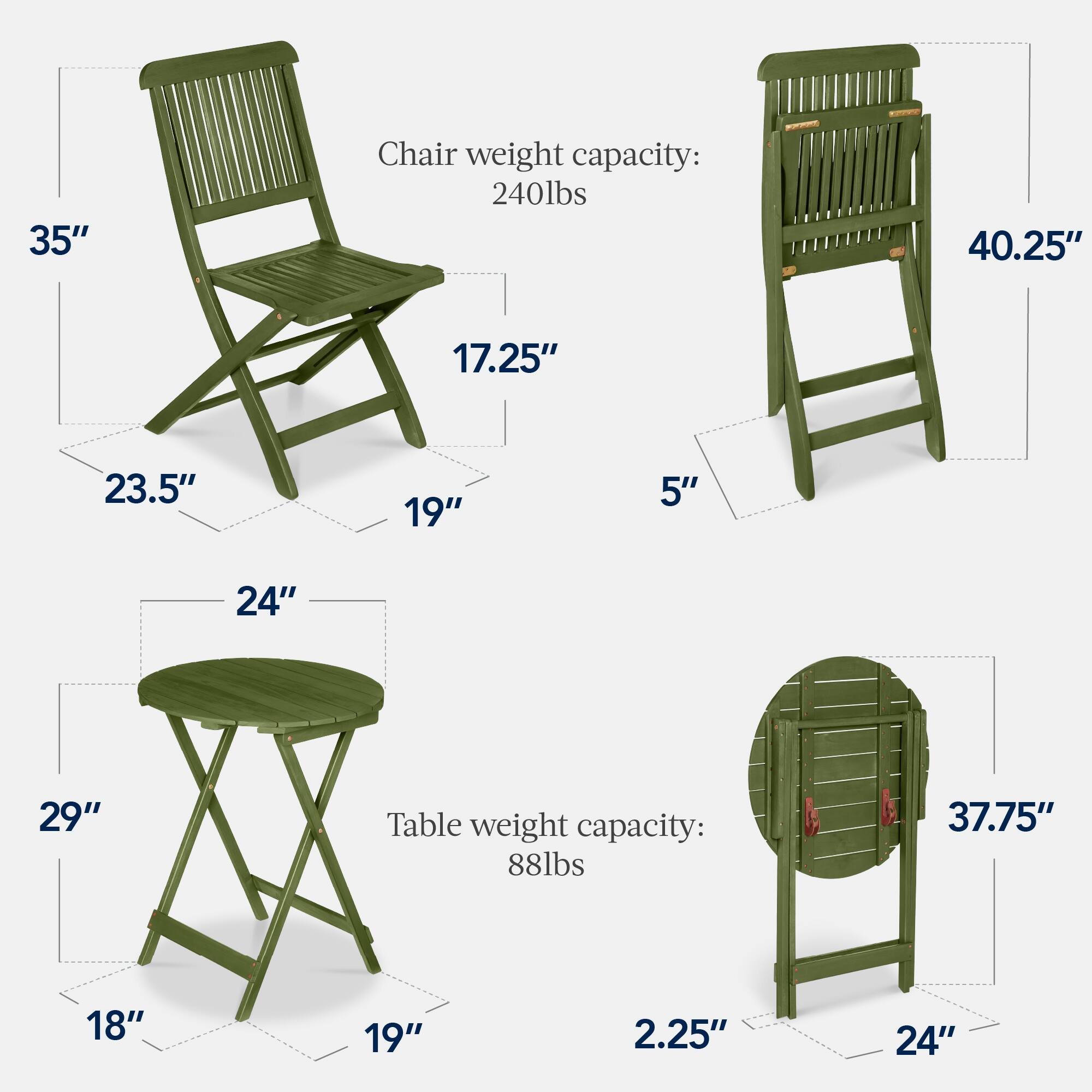 Chair weight capacity: 240lbs  
35"  
40.25"  
17.25"  
23.5"  
19"  
5"  

Table weight capacity: 88lbs  
37.75"  
24"  
29"  
18"  
19"  
2.25"
