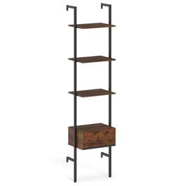 Pefilos - 5-Tier Ladder Bookcase - Metal Frame Drawer Storage, Study & Home Office Organizer, Rustic - Brown