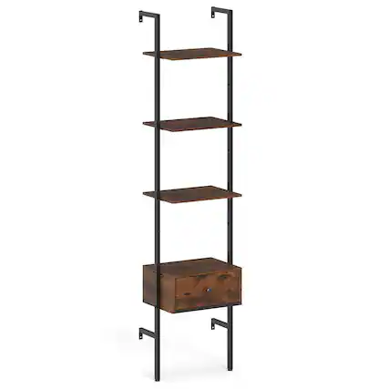 Front. Pefilos - 5-Tier Ladder Bookcase - Metal Frame Drawer Storage, Study & Home Office Organizer, Rustic Brown - Brown.
