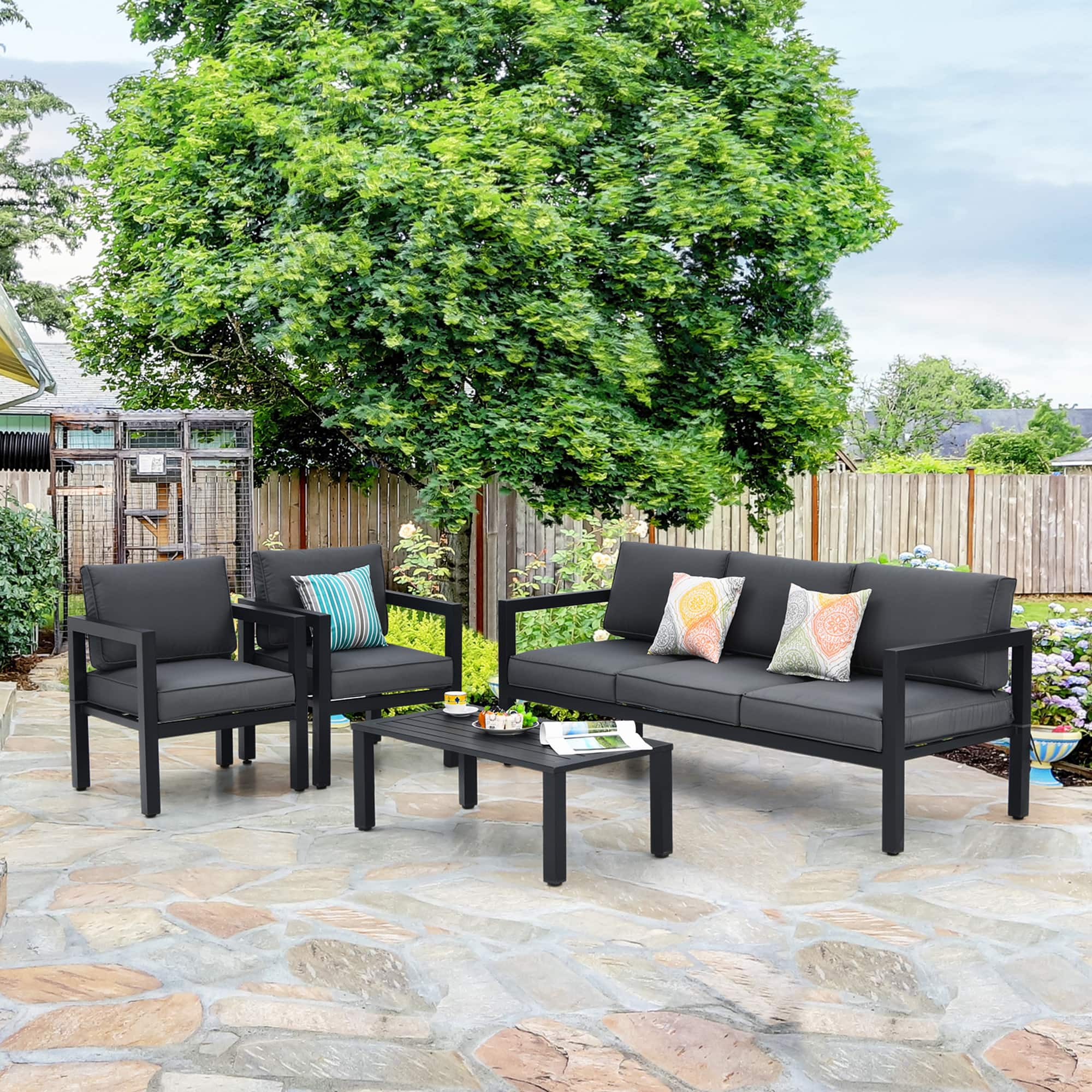 Gymax - 4PCS Patio Conversation Furniture Set Outdoor Cushioned Sectional Sofa Set - Gray