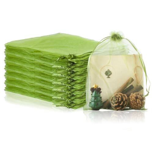 Front. ESBANY - 100PCS Premium Sheer Organza Bags, Green Wedding Favor Bags, 7.8 x 11.8 inch Reusable Large Mesh Bag Drawstring Jewelry - Green.