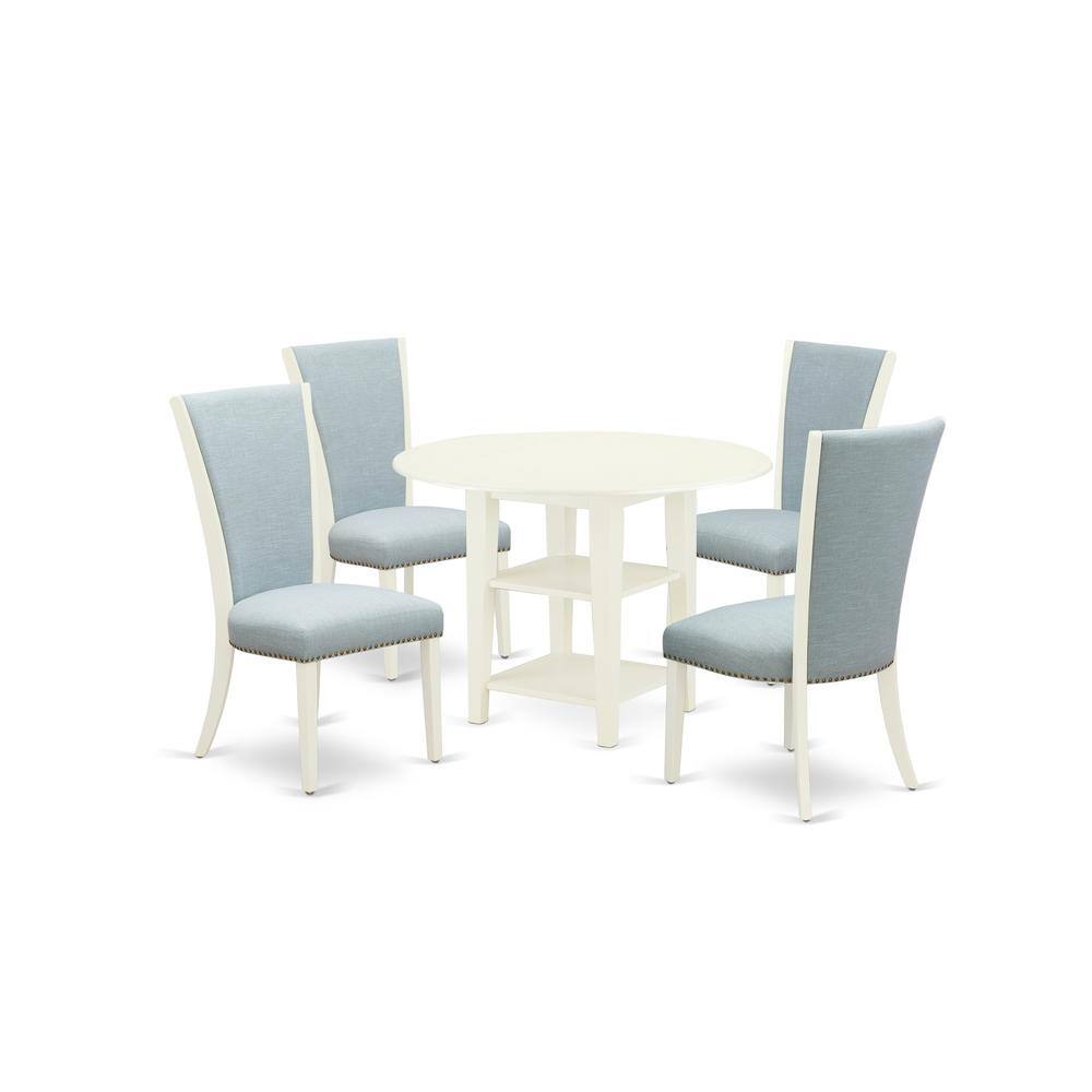 Left. East West Furniture - East-West Furniture SUVE5-LWH-15 - A dining set of 4 great kitchen chairs with Linen Fabric Baby Blue color and a - Linen White.