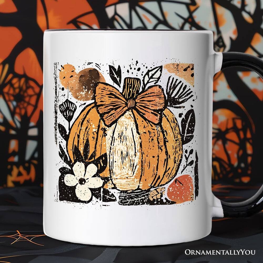 Back. OrnamentallyYou - Pumpkin Fall Floral Mug, Thanksgiving Coquette Bow Gift - White.