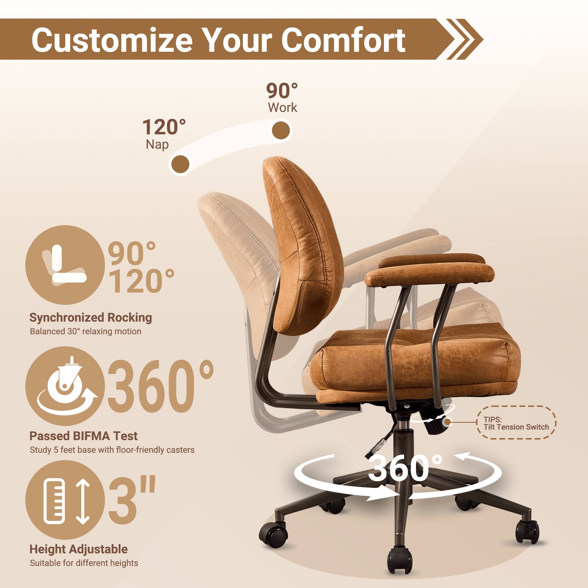 Customize Your Comfort

- 120° Nap
- 90° Work
- 90° 120°
- Synchronized Rocking
  - Balanced 30° relaxing motion
- 360°
- Passed BIFMA Test
  - Study 5 feet base with floor-friendly casters
- 3" Height Adjustable
  - Suitable for different heights
- 360°
- TIPS: Tilt Tension Switch