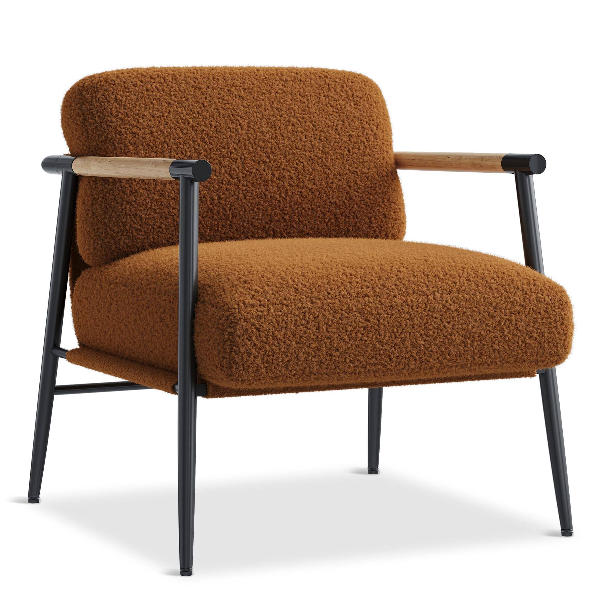 Front. Jojoka - Modern Accent Chair Set of 2, Cozy Living Room Chair with Metal Frame, Wooden Armrests, Soft Teddy Upholstery - Brown.