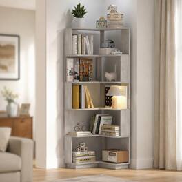 RYHNUYNE - 64.57 in L-Shaped Corner Bookshelf with Anti-Fall Panels 6-Tier Engineered Wood Freestanding Display Rack Light - Gray