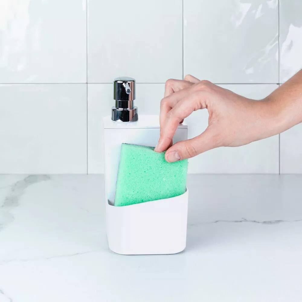 Left. OU - OU 22oz Soap Dispenser with Sponge Holder, Kitchen Soap Pump, Sink Sponge Holder with Drainage - White - White.