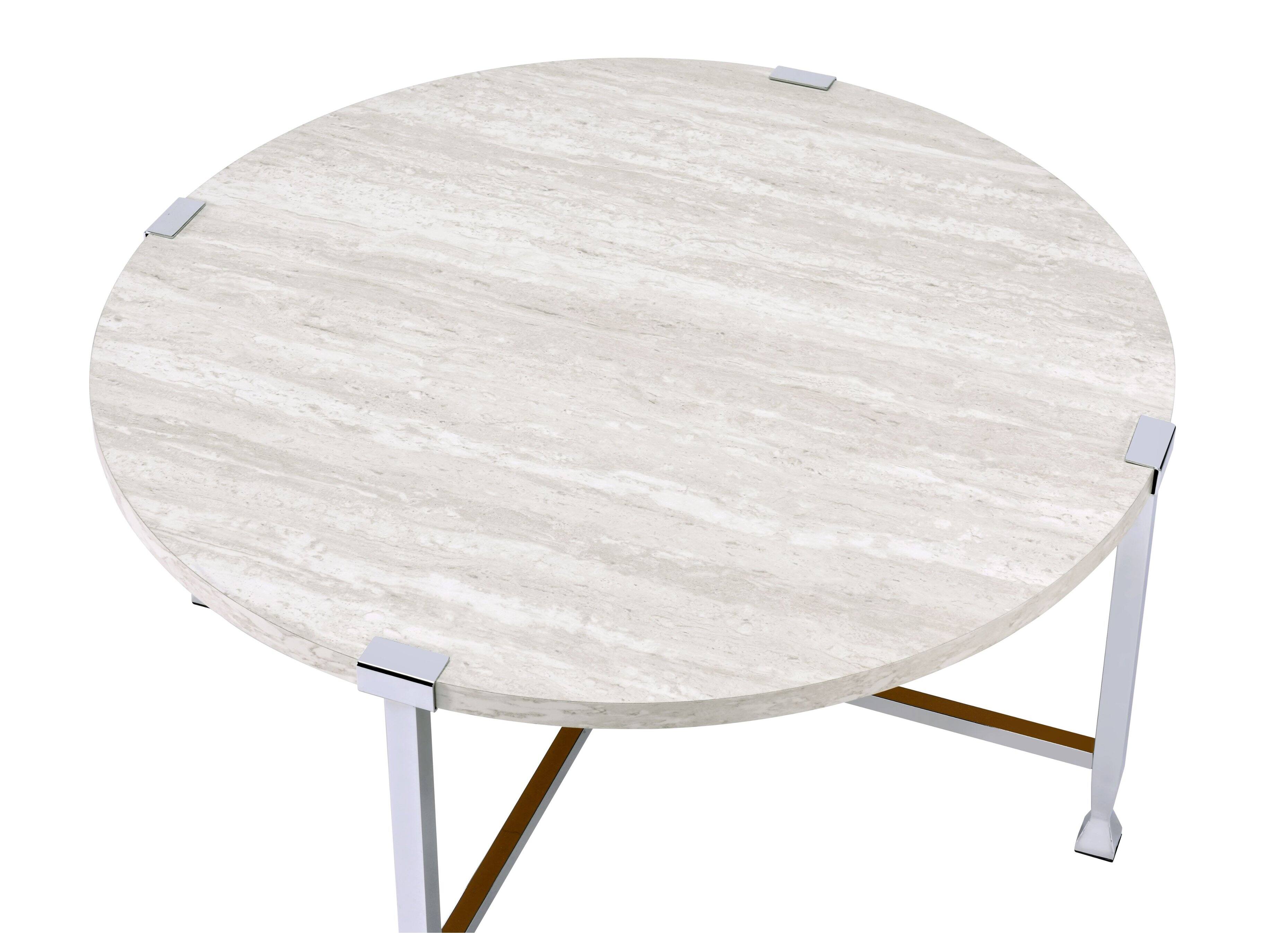 Alt View 2. Manhattan Lane - Coffee Table with X Shaped Metal Base and Round Wooden Top - Silver and Beige.