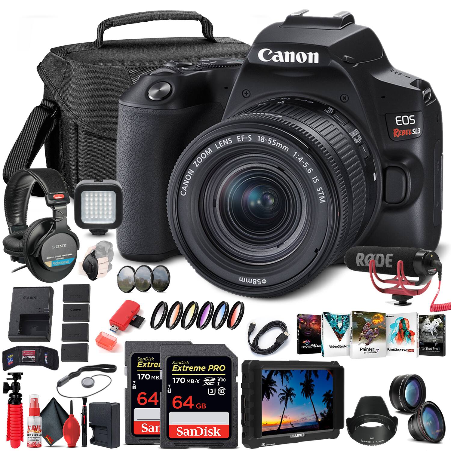 Canon - EOS Rebel SL3 DSLR Camera with 18-55mm Lens (Black) (3453C002) Extra Storage Bundle