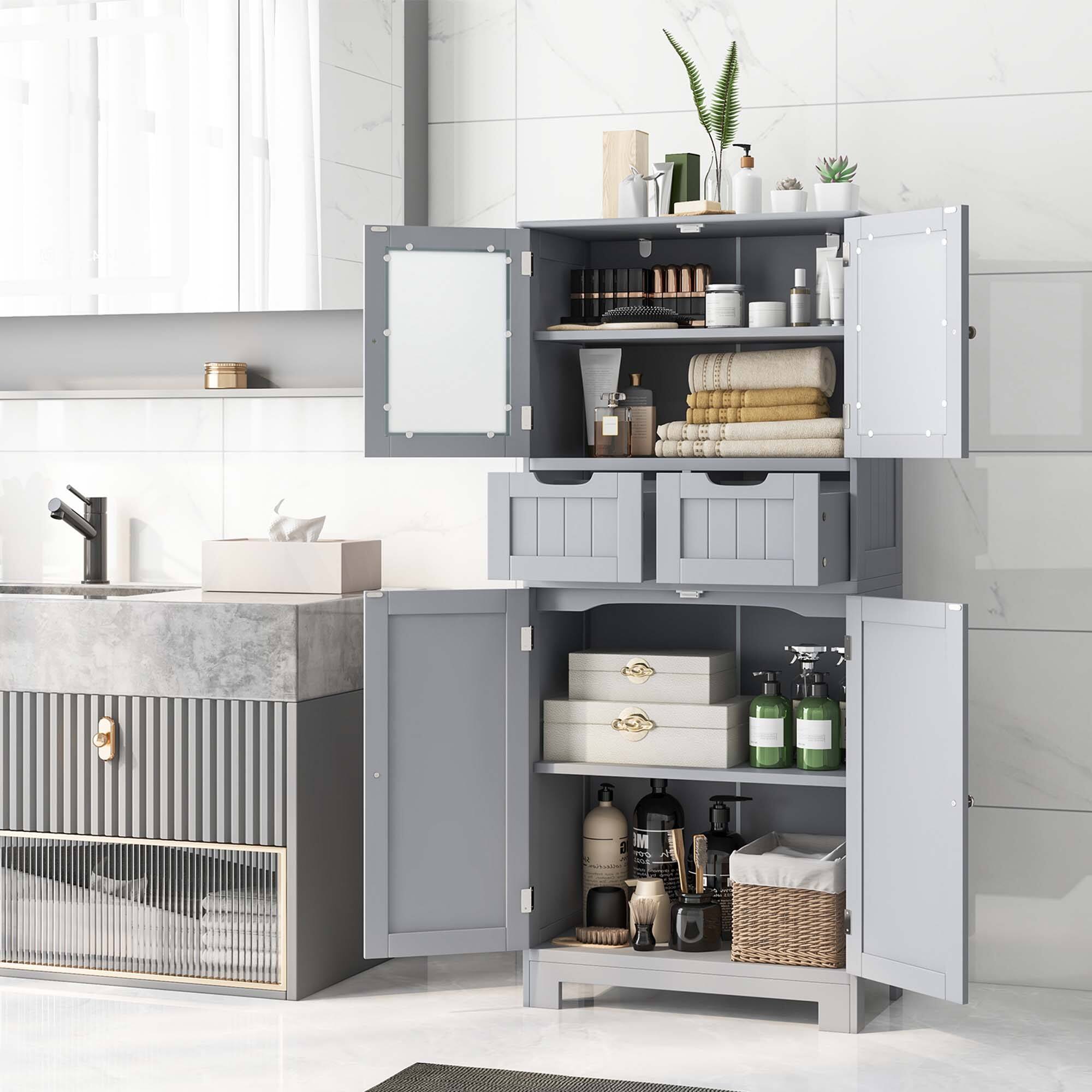 Alt View 2. Costway - Costway Bathroom Floor Storage Cabinet Kitchen Cupboard with 2 Drawers & Glass Doors Gray - Gray.