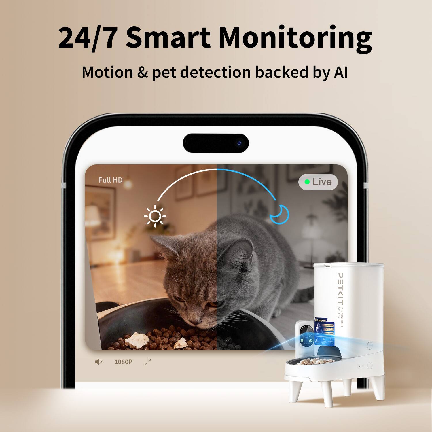 24/7 Smart Monitoring  
Motion & pet detection backed by AI  
Full HD Live  
1080P
