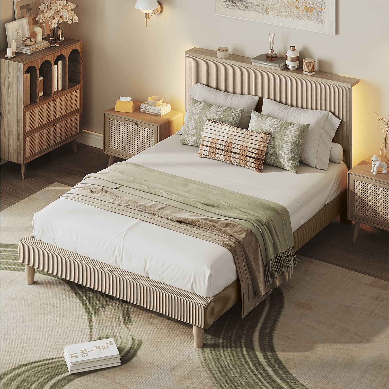 Back. Bestier - Bed Frame Upholstered Platform Gaming Bed with LED Light & Adjustable Storage Headboard for Bedroom-Queen Size - Taupe.