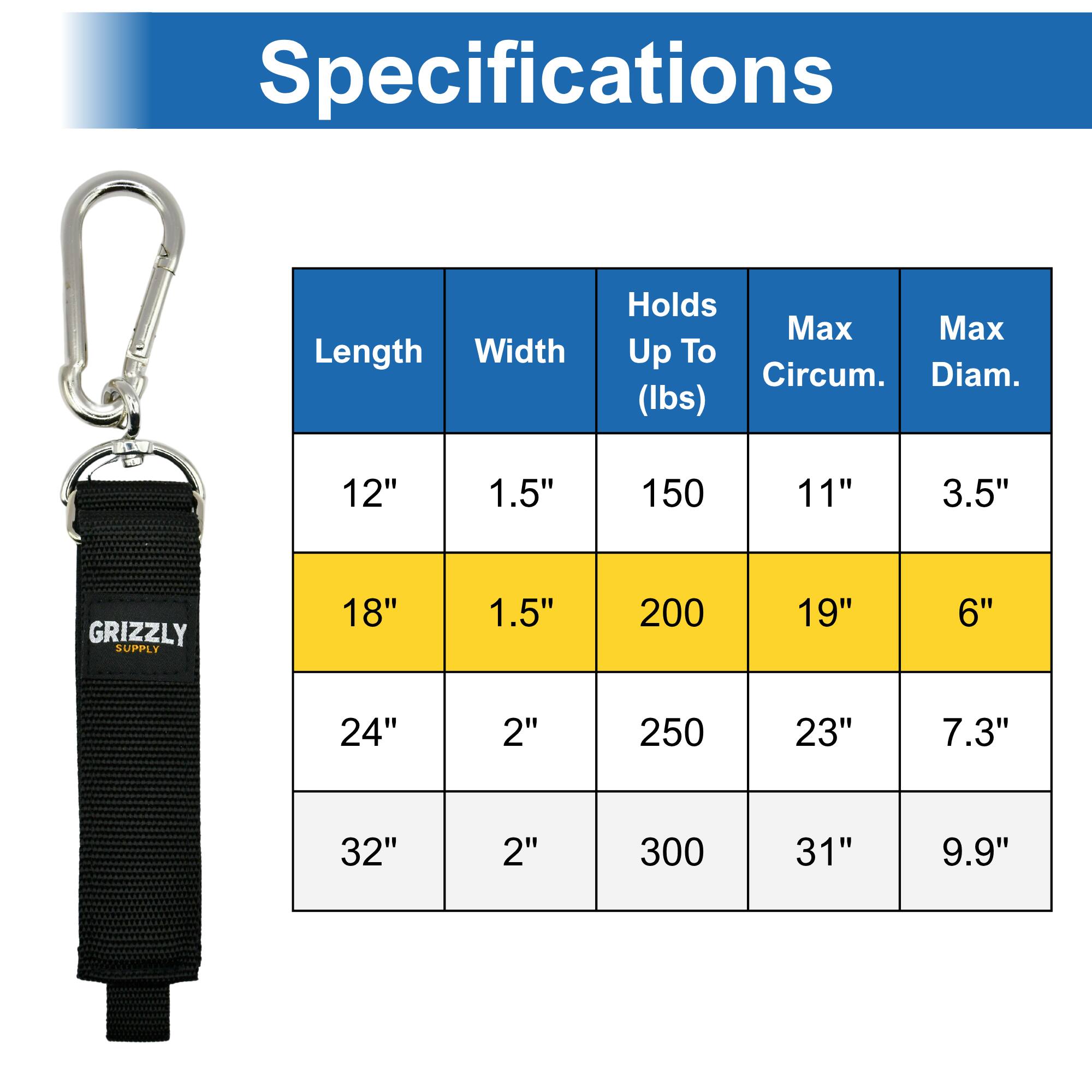 Specifications

Length | Width | Holds Up To (lbs) | Max Circum. | Max Diam.
--- | --- | --- | --- | ---
12" | 1.5" | 150 | 11" | 3.5"
18" | 1.5" | 200 | 19" | 6"
24" | 2" | 250 | 23" | 7.3"
32" | 2" | 300 | 31" | 9.9"