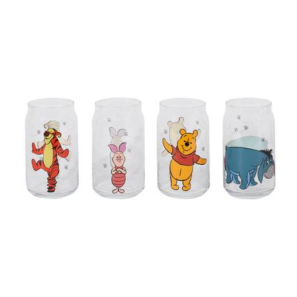 Front. Silver Buffalo - Disney Winnie The Pooh Characters 4-Piece Glass Can Set | Each Holds 16 Ounces - Multi-Colored.