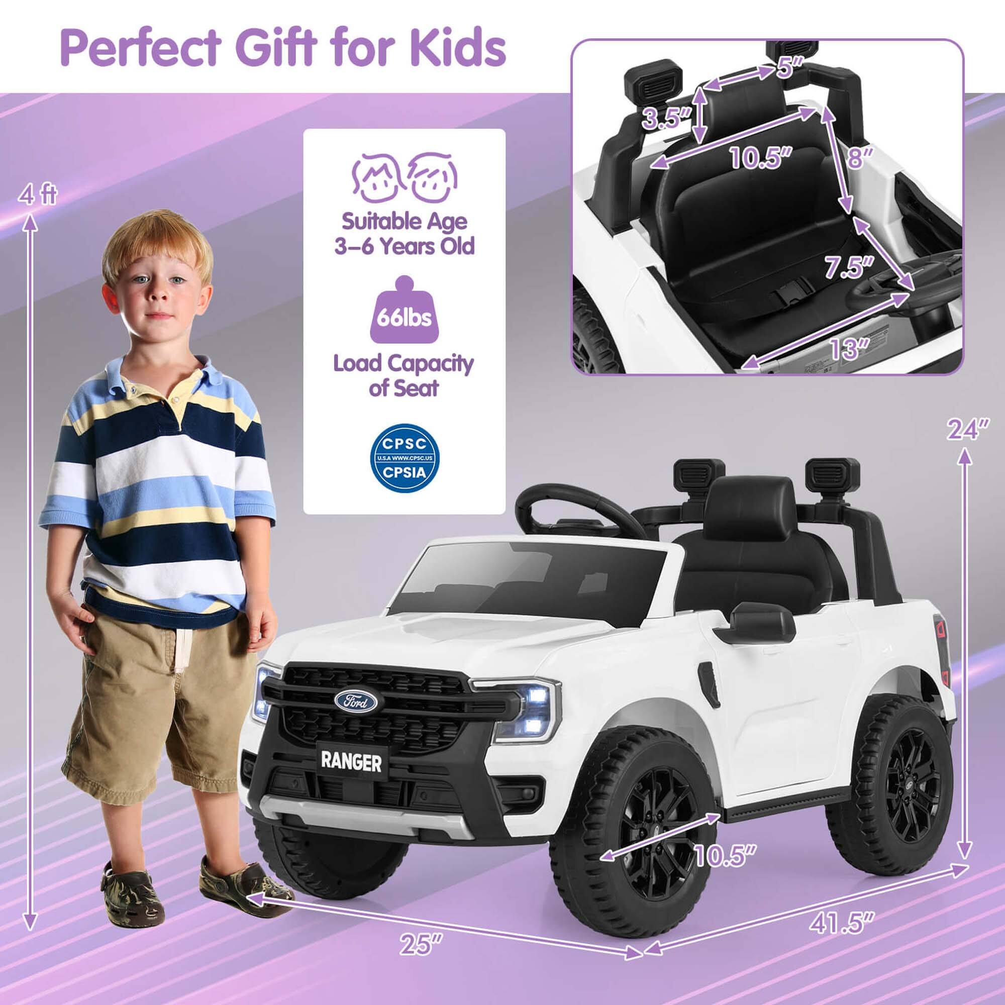 Perfect Gift for Kids

Suitable Age: 3-6 Years Old

Load Capacity of Seat: 66lbs

CPSC - CPSIA

Dimensions:
- Height: 4 ft
- Width: 25"
- Length: 41.5"
- Seat Height: 5"
- Seat Width: 10.5"
- Seat Depth: 8"
- Seat Back Height: 7.5"
- Seat Back Width: 13"
- Wheelbase: 24"