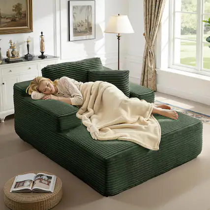 Front. Meqiodas - 67.5”Oversized Indoor Chaise Lounge, Sofa Bed, Living Room Sofa, Corduroy Upholstered Boneless Cloud Sofa, No Assembly - Green.