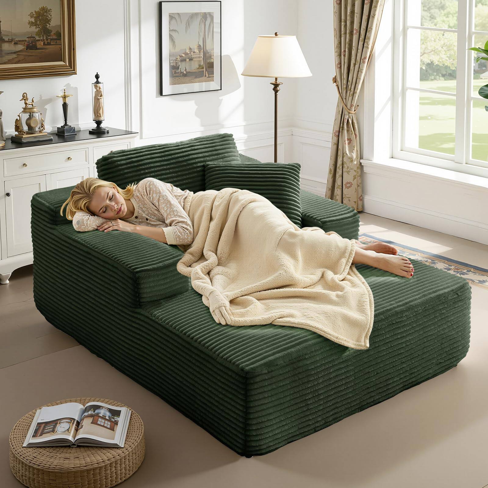 Meqiodas - 67.5”Oversized Indoor Chaise Lounge, Sofa Bed, Living Room Sofa, Corduroy Upholstered Boneless Cloud Sofa, No Assembly - Green