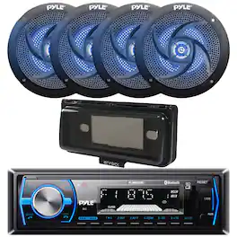 Pyle - PLMRB29B In-Dash Marine Bluetooth MP3 Radio w/Cover, 4x 5.25" 180W Low-Profile Waterproof Blue Flash LED Speakers