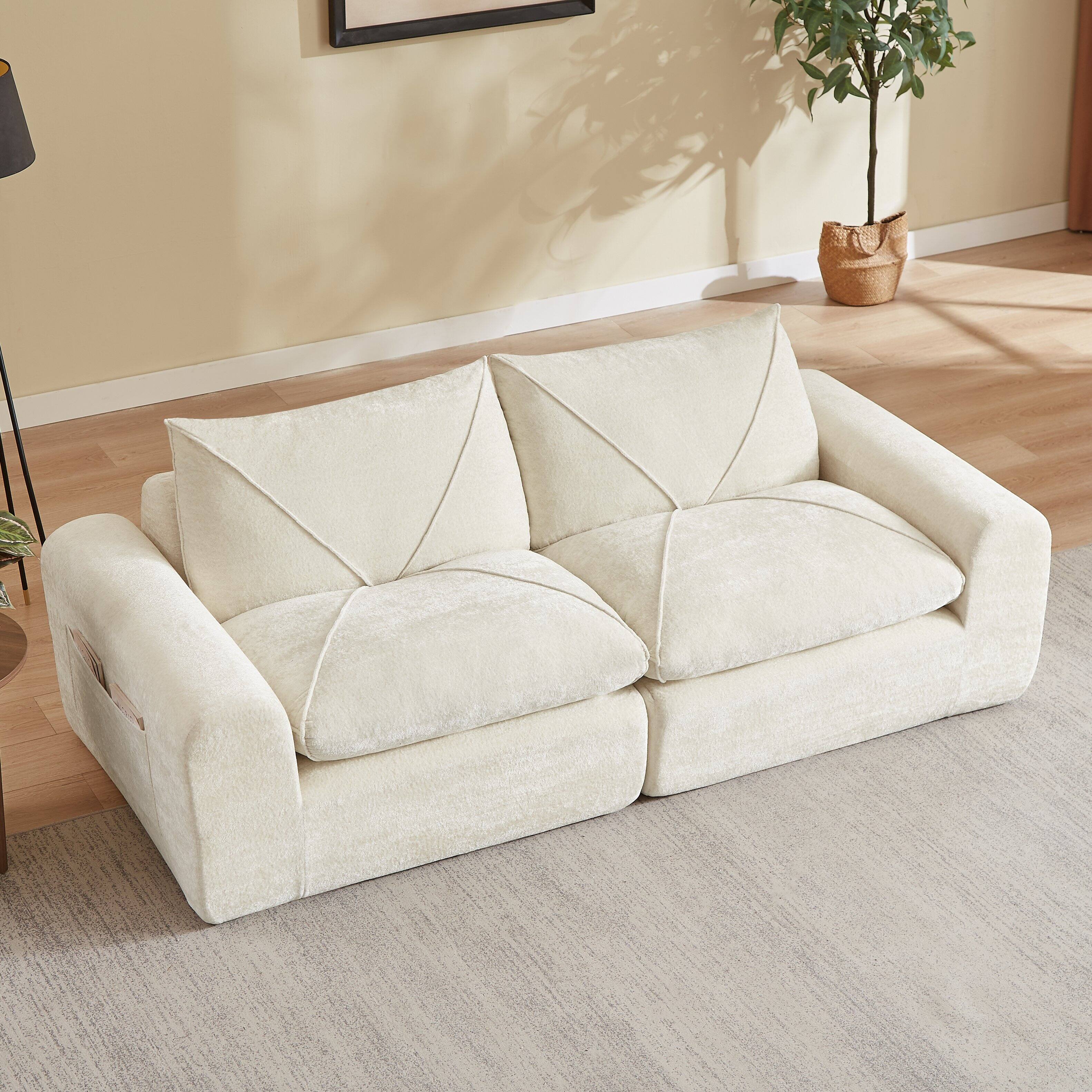 Angle. Loheer - Loheer 85 Inch Chenille Sectional Sofa Modern Modular Couch with Ottoman Minimalist Furniture - Beige.