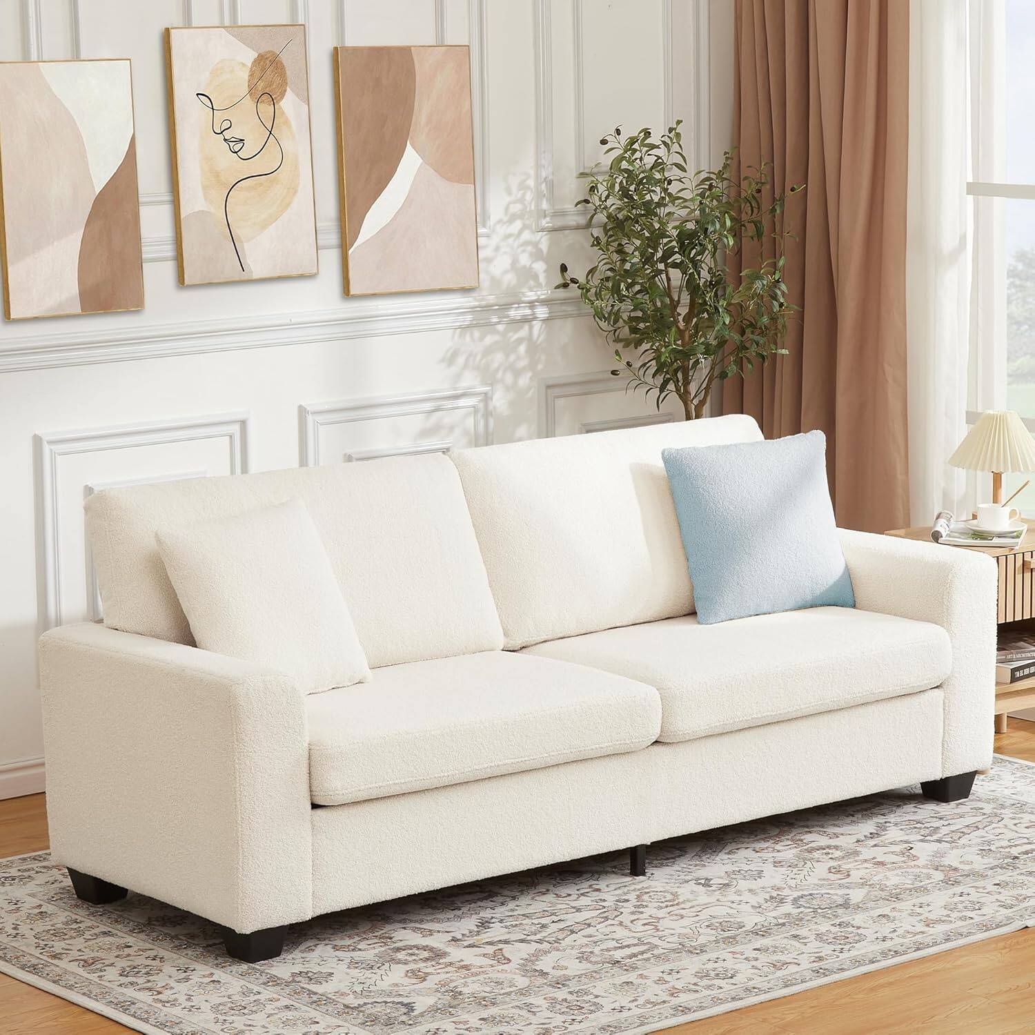 Front. Acekool - 90" Velvet 3-Seater Sofa, Oversized Tufted Couch with Wide Armrests & Washable Cushions, Living Room, Beige - Beige.