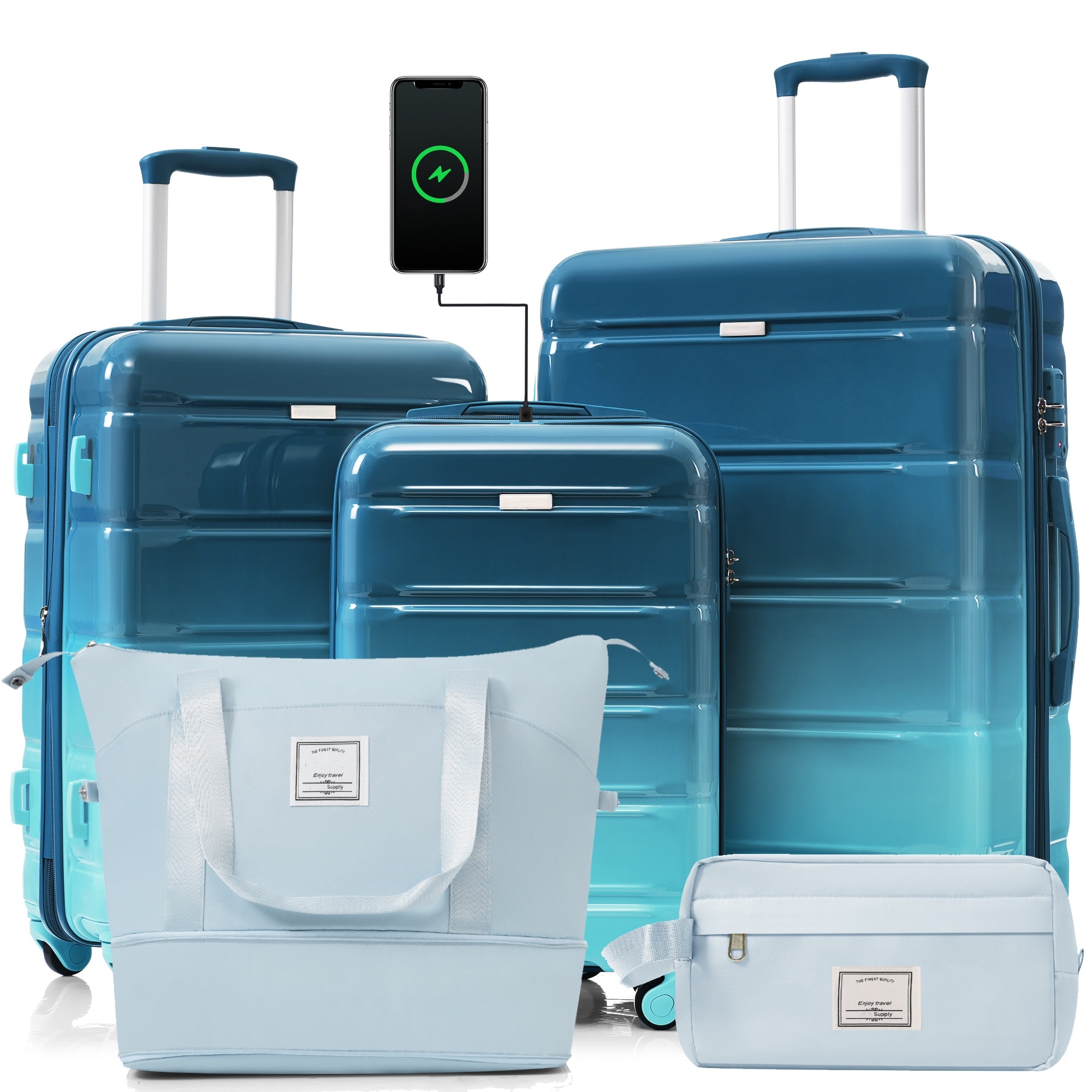 LOVMOR - 5-Piece ABS+PC Hardshell Luggage Set 20" USB Spinner Travel Bag - Blue