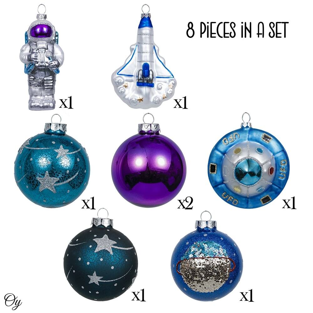 8 Pieces in a Set

- Astronaut x1
- Rocket x1
- Blue Star Ball x1
- Purple Ball x2
- UFO x1
- Dark Blue Star Ball x1
- Blue Glitter Ball x1