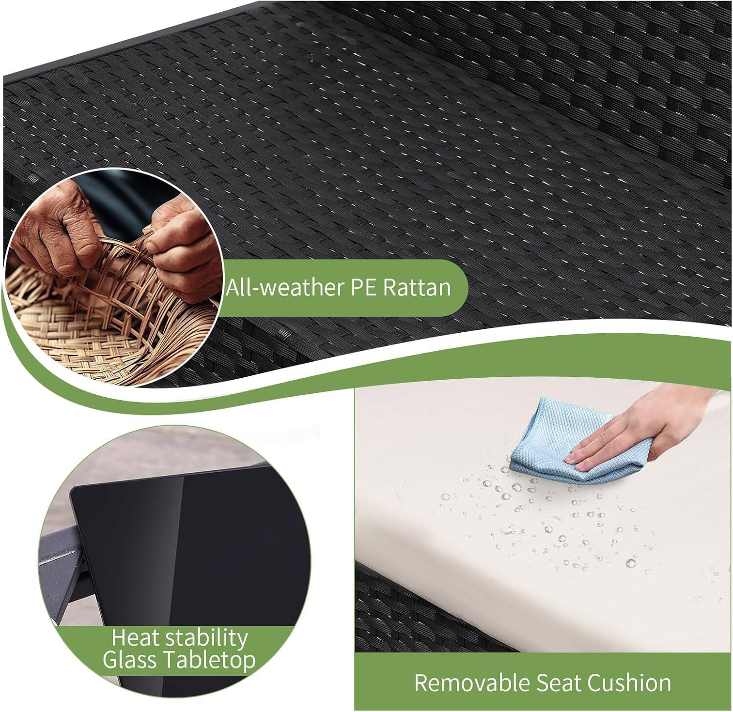 All-weather PE Rattan, Heat stability Glass Tabletop, Removable Seat Cushion