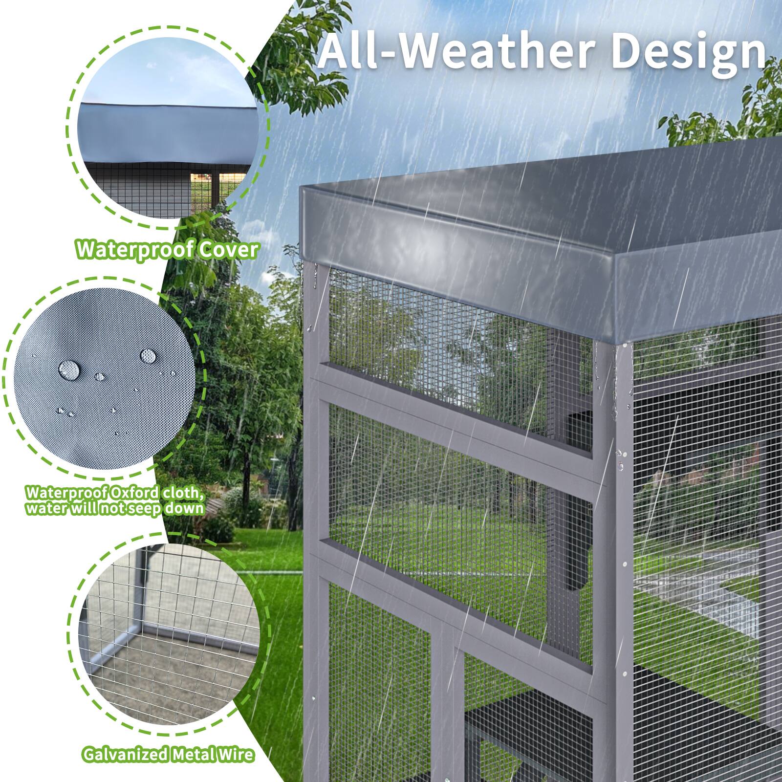 All-Weather Design

Waterproof Cover

Waterproof Oxford cloth, water will not seep down

Galvanized Metal Wire