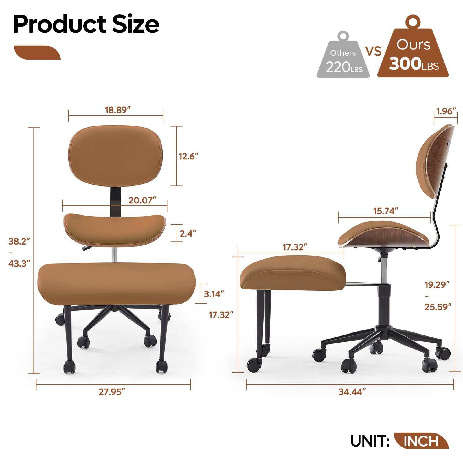 Product Size

Ours:
- 18.89" (Height of backrest)
- 12.6" (Width of backrest)
- 20.07" (Height of seat)
- 2.4" (Depth of seat)
- 38.2" - 43.3" (Height of chair)
- 3.14" (Thickness of seat)
- 17.32" (Width of seat)
- 27.95" (Width of base)
- 34.44" (Height of base)

Others:
- 1.96" (Thickness of backrest)
- 15.74" (Height of backrest)
- 17.32" (Width of backrest)
- 19.29" - 25.59" (Height of chair)
- 34.44" (Height of base)

Others vs 220LBS
Ours vs 300LBS

UNIT: INCH