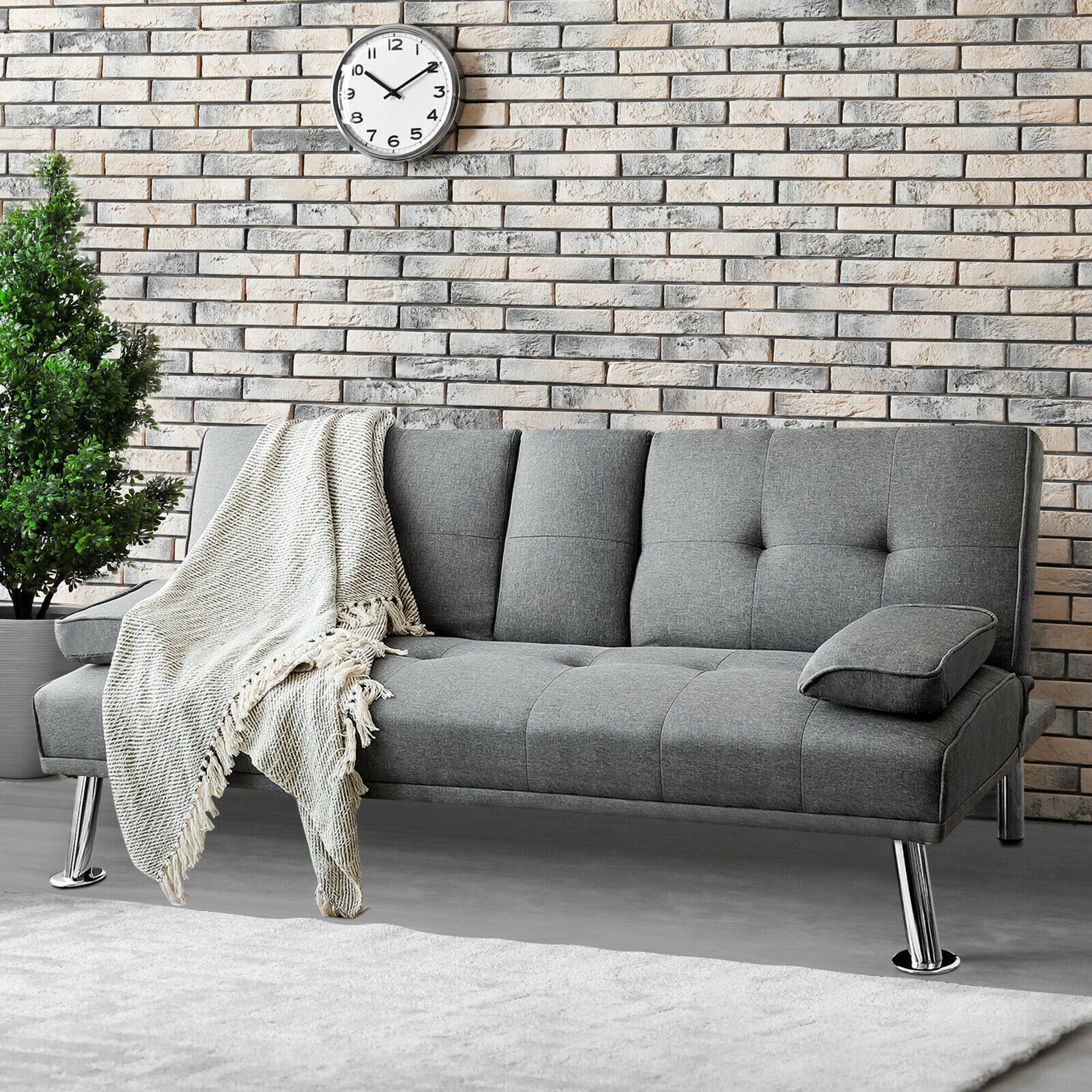 Alt View 3. Costway - Costway Convertible Folding Futon Sofa Bed Fabric w/2 Cup Holders Light Gray - Light Gray.